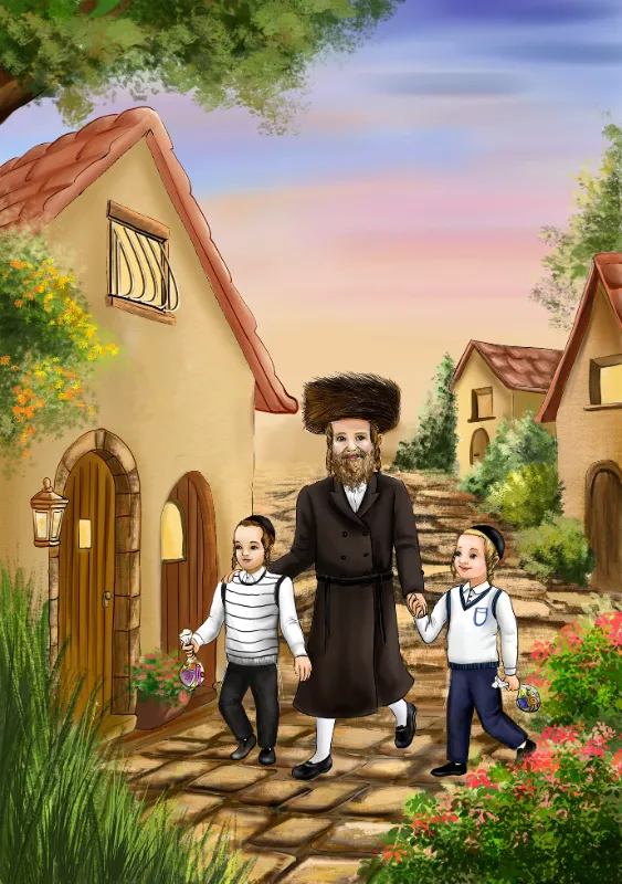 סבא ונכדיו בסמטה כפרית, איור לעטיפת ספר של נחמי הברפלד